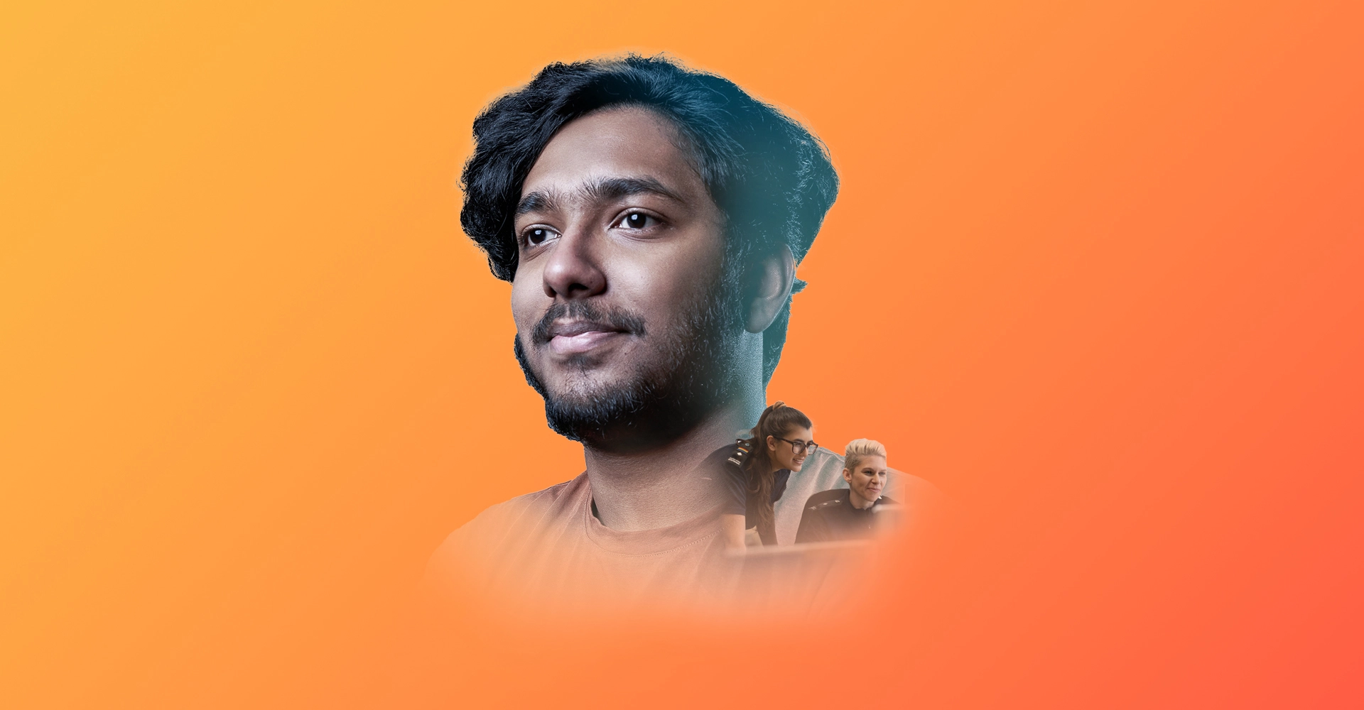 Home office - 2 people having a conversation & a man looking into the distance with orange gradient background